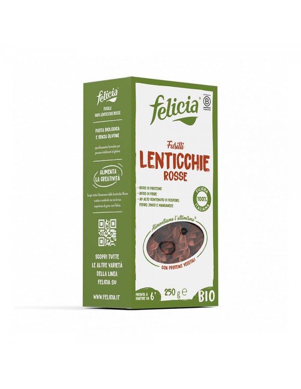 Felicia - Ζυμαρικά Bio Fusilli 250γρ Κόκκινες Φακές, 960 τεμάχια (παλέτα)