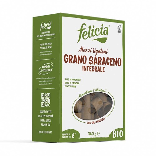Felicia - Βιολογικά Ζυμαρικά Mezzi Rigatoni 340gr Φαγόπυρο, 480τμχ (παλέτα)